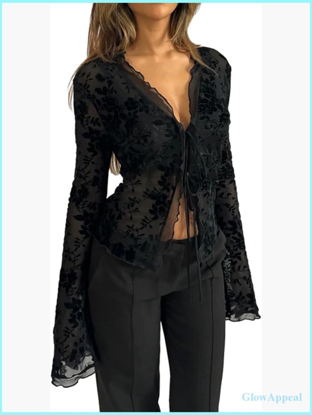 Sheer Mesh Crop Top Y2k Long Sleeve See Through Lace Ruffled Blouse Open Front
